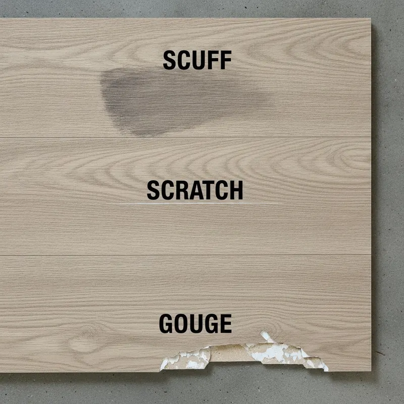 A clear, photorealistic close-up view of a modern LVP floor plank, divided into three sections to visually compare different types of damage. The first section shows a 