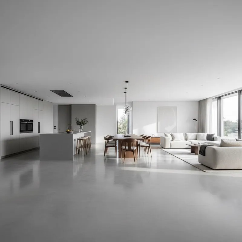 A wide-angle, luxurious interior shot of a contemporary open-concept home featuring a continuous, elegant, seamless poured floor flowing effortlessly from a modern kitchen into a dining area and living room, emphasizing visual flow and absence of joints.