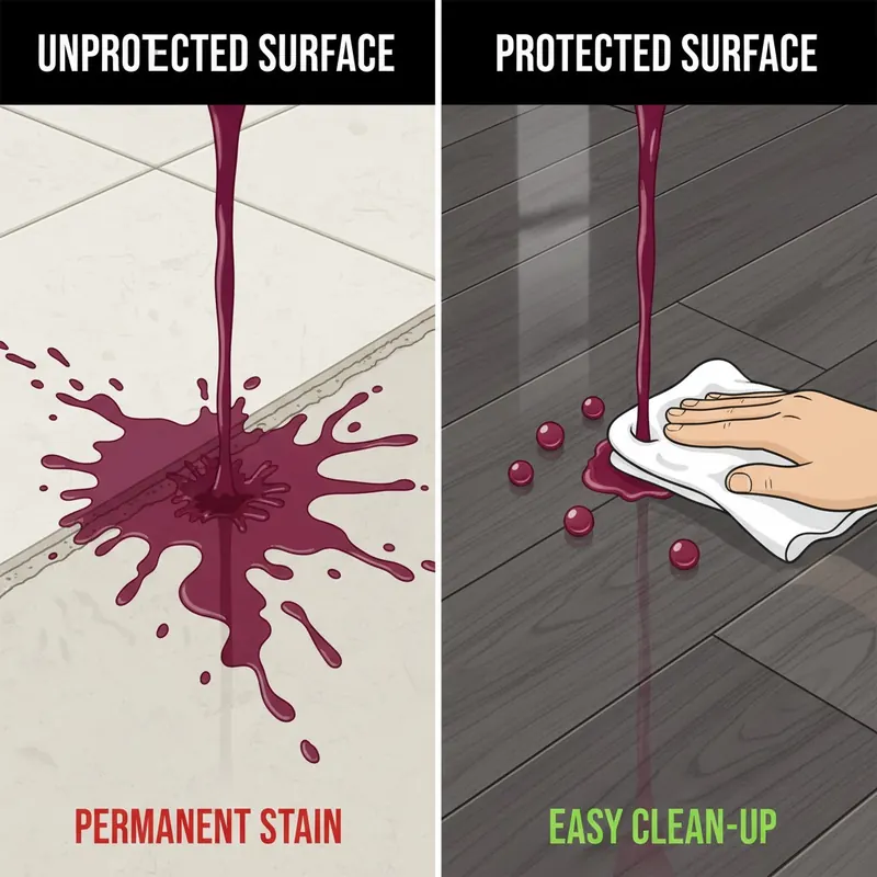 A split-panel illustration comparing stain resistance: red liquid soaking into a porous surface on the left, and the same liquid beading up on a hydrophobic, non-porous surface on the right, ready for easy removal.