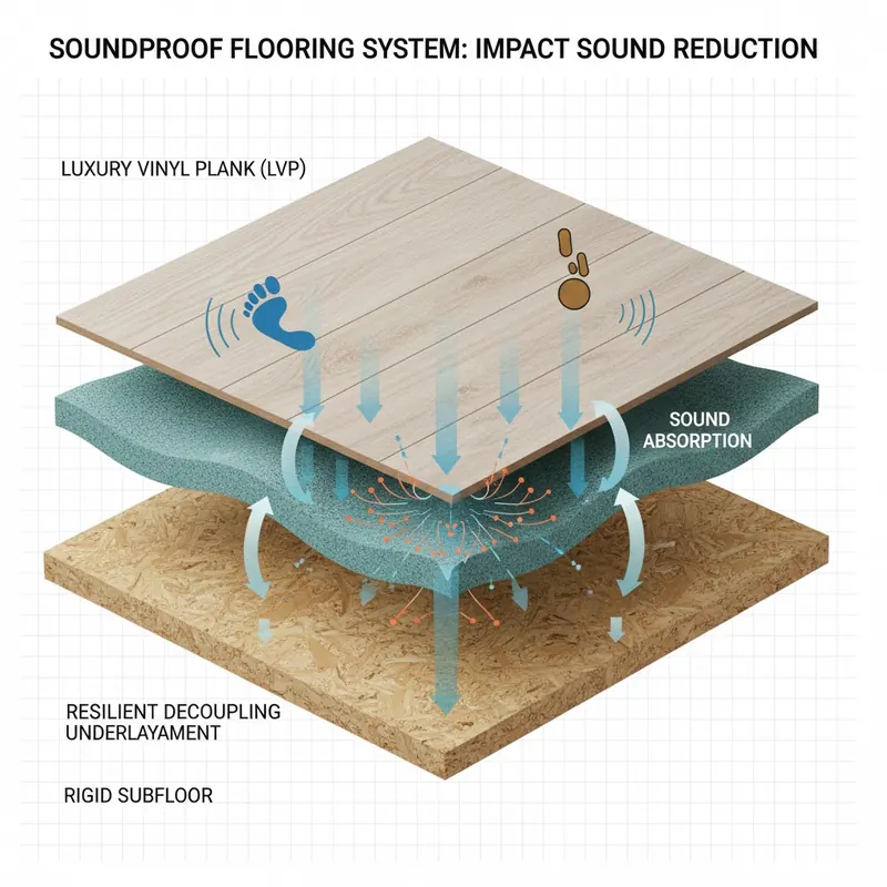 A clear, educational 3D cross-section diagram of a multi-layered soundproof flooring system. Show a top layer (e.g., LVP), a resilient decoupling underlayment (like a soft, wavy material), and a rigid subfloor beneath. Illustrate impact sound waves originating from the top layer (e.g., a falling object or footstep) hitting the resilient layer, which visibly absorbs and dissipates the energy, preventing its transfer to the subfloor. Use a clean, infographic style with subtle arrows showing sound absorption.