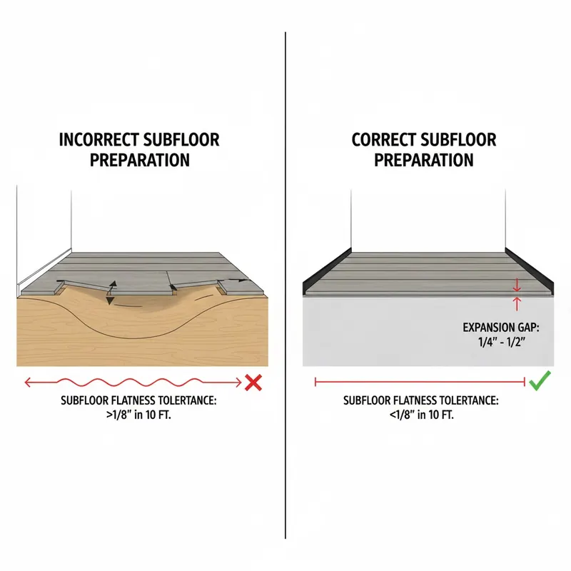 A cross-section diagram illustrating correct and incorrect subfloor preparation for rigid core flooring. On one side, show an uneven, wavy subfloor with a new flooring plank installed above it, visibly gapping or stressing at the joints. On the other side, show a perfectly flat subfloor with a new flooring plank installed correctly, demonstrating a consistent expansion gap along the wall. Include measurement lines for flatness tolerance and expansion gap. Style: technical illustration, clear and precise.