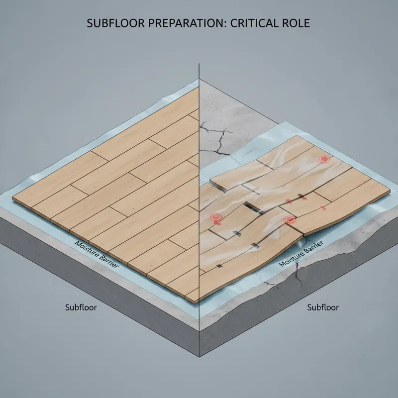 A cutaway architectural diagram illustrating the importance of subfloor preparation, showing a perfectly level subfloor with properly installed flooring versus an uneven subfloor causing visible issues like gapping and warping.