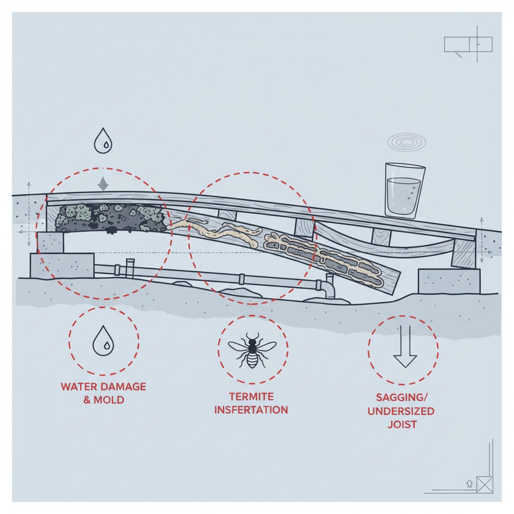 Illustrative cutaway diagram of a residential floor structure highlighting water damage, termite damage, and a sagging joist with deflection.