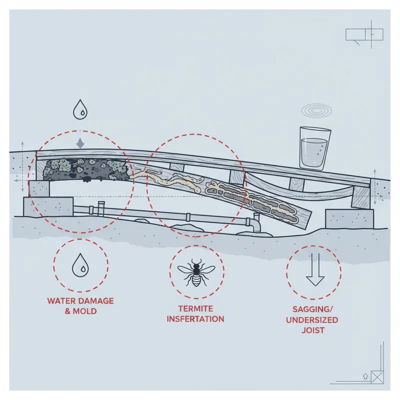 Illustrative cutaway diagram of a residential floor structure highlighting water damage, termite damage, and a sagging joist with deflection.