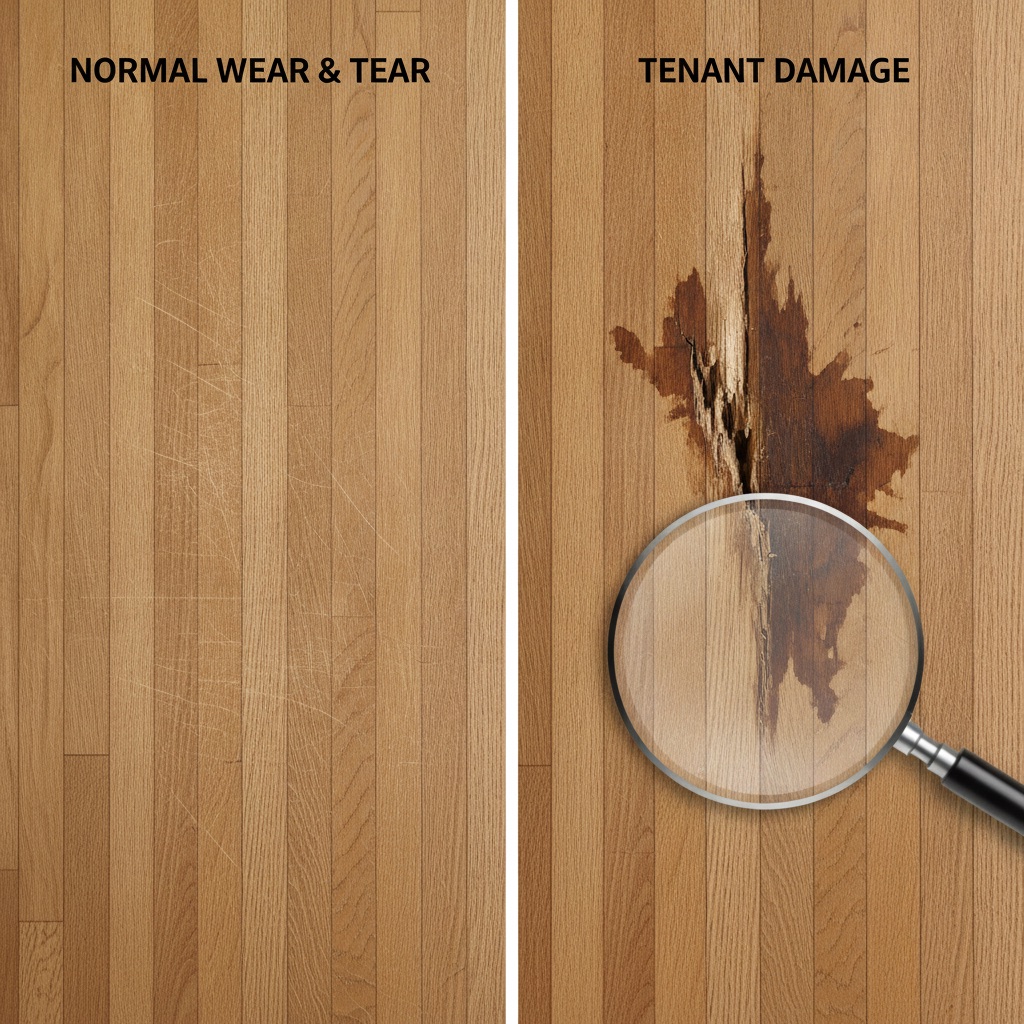 A split image contrasting normal wear and tear (minor scuffs) with tenant damage (a deep gouge and large stain) on a floor.