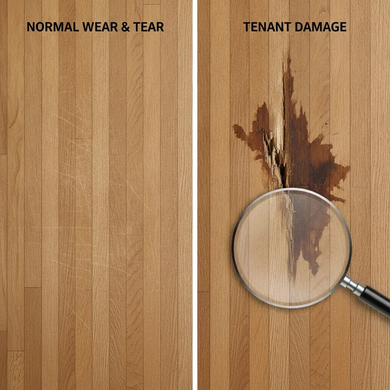 A split image contrasting normal wear and tear (minor scuffs) with tenant damage (a deep gouge and large stain) on a floor.
