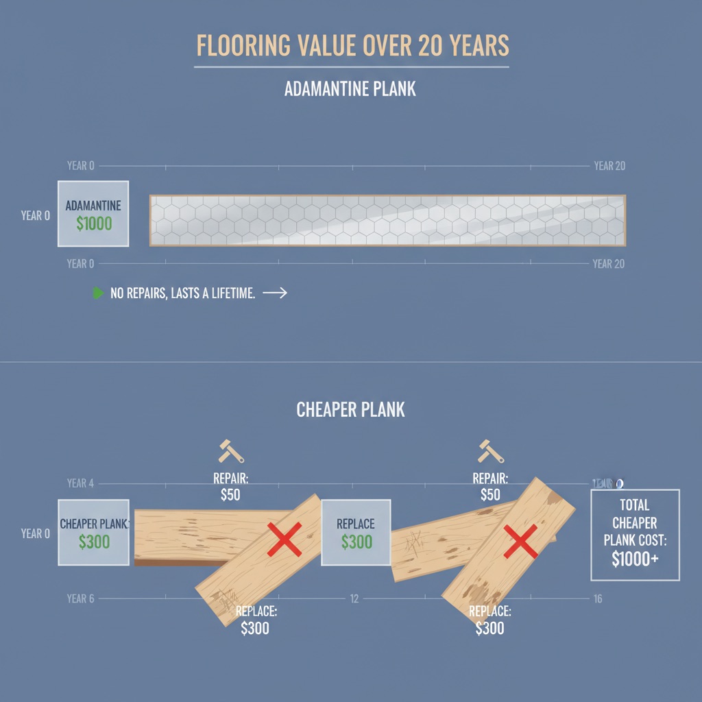 Infographic comparing the 20-year cost of flooring. Adamantine flooring shows one initial cost, while a cheaper floor shows multiple costs for installation and replacements over the same period.