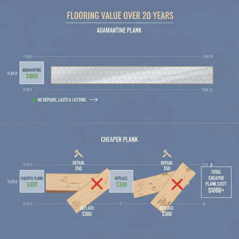 Infographic comparing the 20-year cost of flooring. Adamantine flooring shows one initial cost, while a cheaper floor shows multiple costs for installation and replacements over the same period.