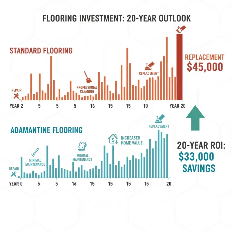 A clear, modern infographic illustrating the 20-year Return on Investment (ROI) for adamantine flooring compared to standard flooring. The image should feature two parallel timelines or bar graphs spanning 20 years. The 'Standard Flooring' timeline (perhaps in a 'costly' color like red or orange) shows frequent, significant cost spikes for replacement, repairs, and professional cleaning, resulting in a high cumulative cost. The 'Adamantine Flooring' timeline (in a 'savings' color like green or blue) shows significantly fewer and lower costs over the same period, with minimal maintenance and no replacements, resulting in a much lower cumulative cost and a clear 'Savings' or 'ROI' indicator. Include subtle icons representing maintenance, replacement, and increased home value for the adamantine option. Style: clean, financial graph aesthetic with clear labels, contrasting colors, and simple, effective iconography.