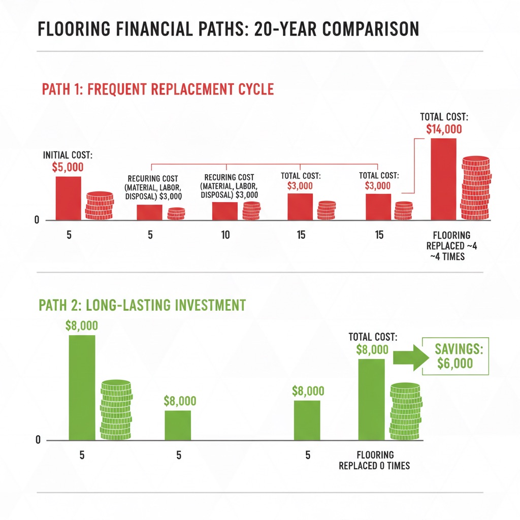 An infographic comparing the 20-year total cost of ownership for frequent floor replacement versus a long-lasting flooring investment, showing higher overall costs for the former.