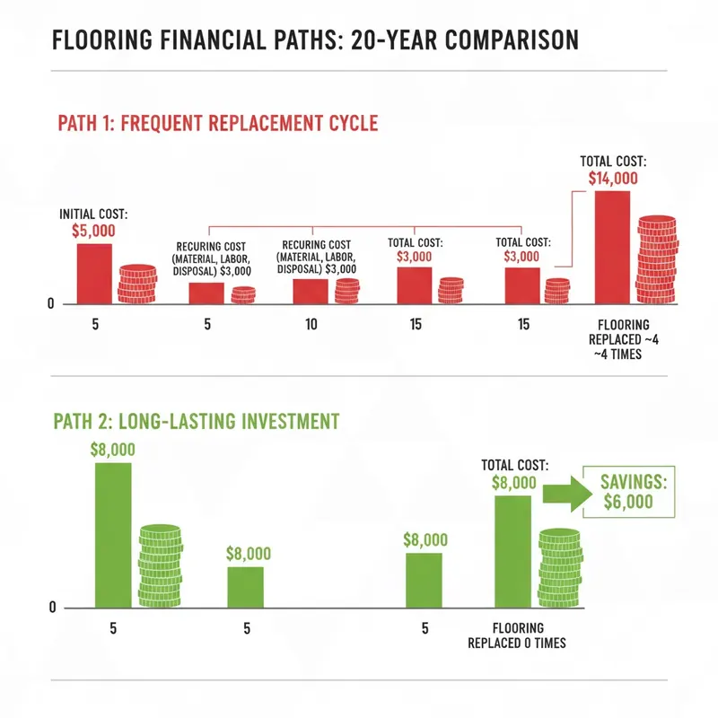 An infographic comparing the 20-year total cost of ownership for frequent floor replacement versus a long-lasting flooring investment, showing higher overall costs for the former.