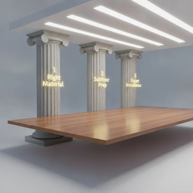 A conceptual illustration of a perfect floor supported by three architectural pillars labeled '1. Right Material', '2. Subfloor Prep', and '3. Expert Installation', symbolizing a strong foundation.