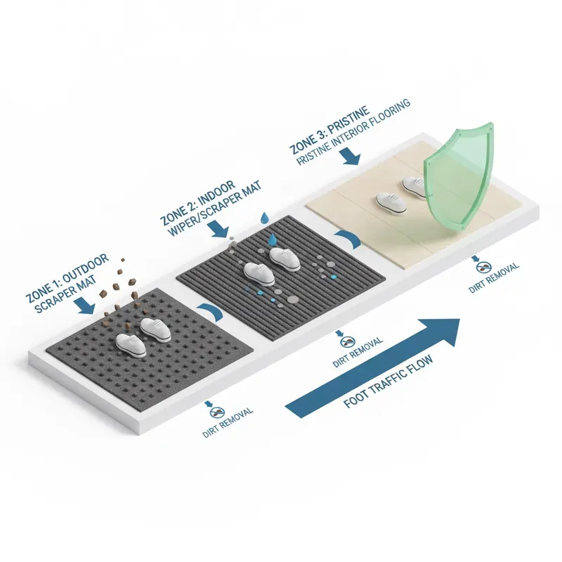 An isometric diagram of the 3-Zone Floor Protection System, showing dirt being removed at an outdoor mat (Zone 1), an indoor mat (Zone 2), leading to a clean interior floor (Zone 3).