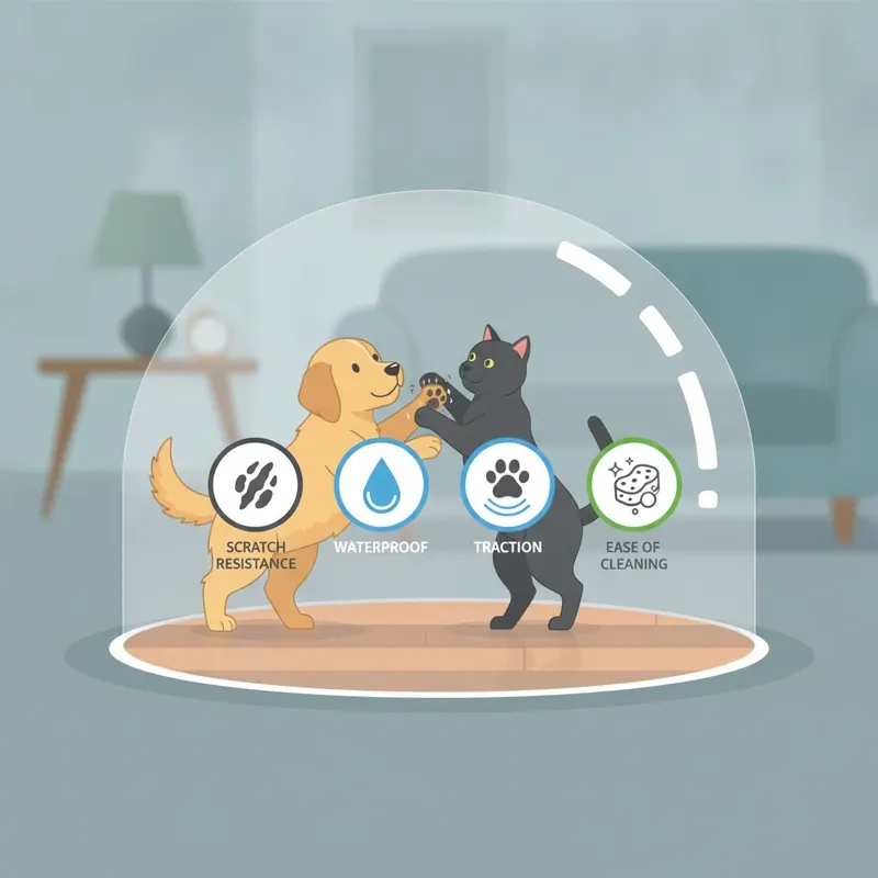 Illustration of a shield protecting a floor from a dog and cat, with four icons representing the pillars of pet-proof flooring: Scratch Resistance, Waterproof, Traction, and Ease of Cleaning.