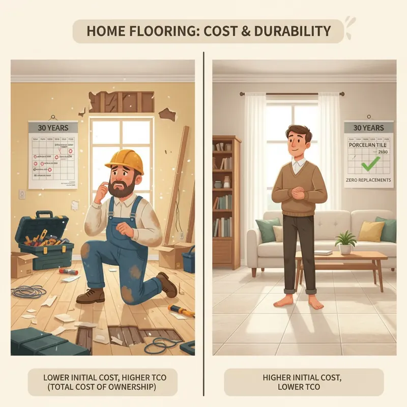 An illustration comparing the total cost of ownership over 30 years for cheap laminate/vinyl flooring (frequent replacements, higher TCO) versus adamantine porcelain tile (one-time installation, lower TCO), showing the long-term financial benefits of durable flooring.