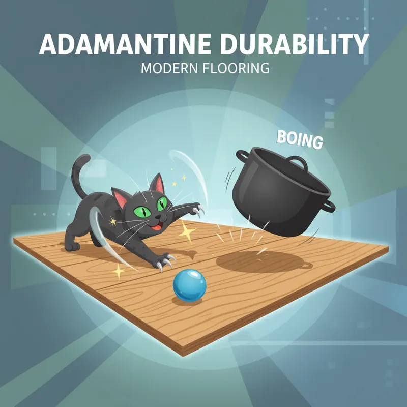 A vibrant, dynamic illustration showcasing the 'adamantine' durability of modern flooring. The image should feature a stylized, strong flooring surface (e.g., a high-grade SPC plank) confidently withstanding various common household threats: a playful pet's claws leaving no scratches, a dropped heavy object bouncing off without a dent, and a spilled liquid beading up on the surface. The overall mood should be reassuring and resilient, perhaps with a subtle, protective glow around the floor. Style: modern, illustrative, slightly exaggerated for impact.