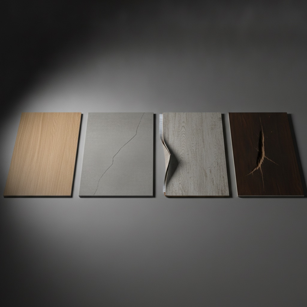 A side-by-side comparison showing a pristine Adamantine flooring plank next to a cracked porcelain tile, a water-damaged laminate plank, and a scratched hardwood plank.