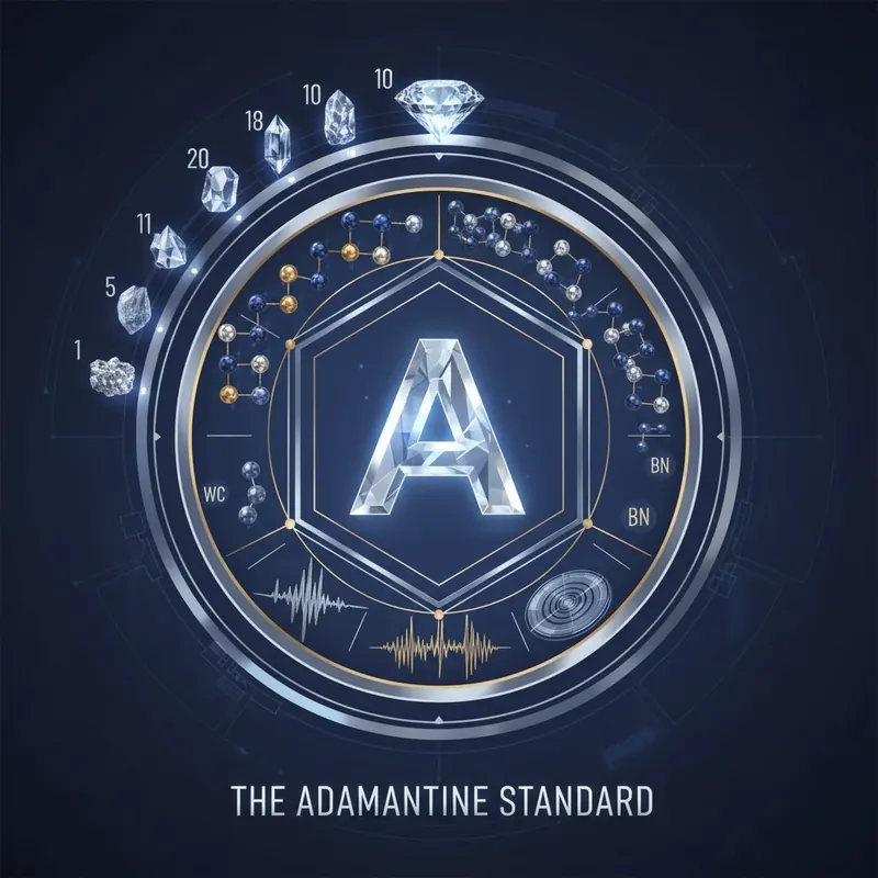 A stylized scientific illustration representing 'The Adamantine Standard' with a glowing 'A' symbol, Mohs hardness scale, molecular structures, and abstract representations of material testing.