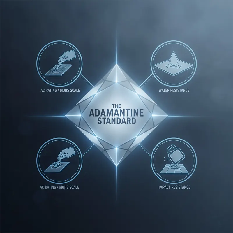 A graphic illustrating the Adamantine Standard for flooring. A central diamond is surrounded by icons representing scratch resistance, impact resistance, and water resistance.