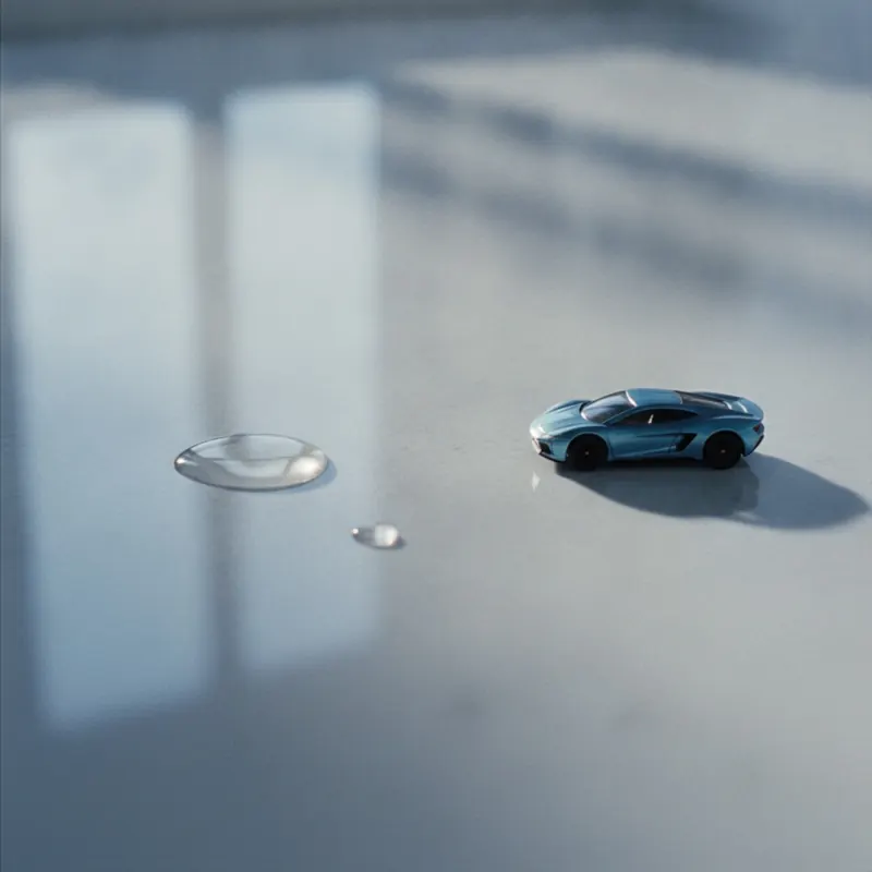 A macro shot of a flawless, durable flooring surface reflecting light, with a water droplet and toy car on it, symbolizing its resilience and perfection.
