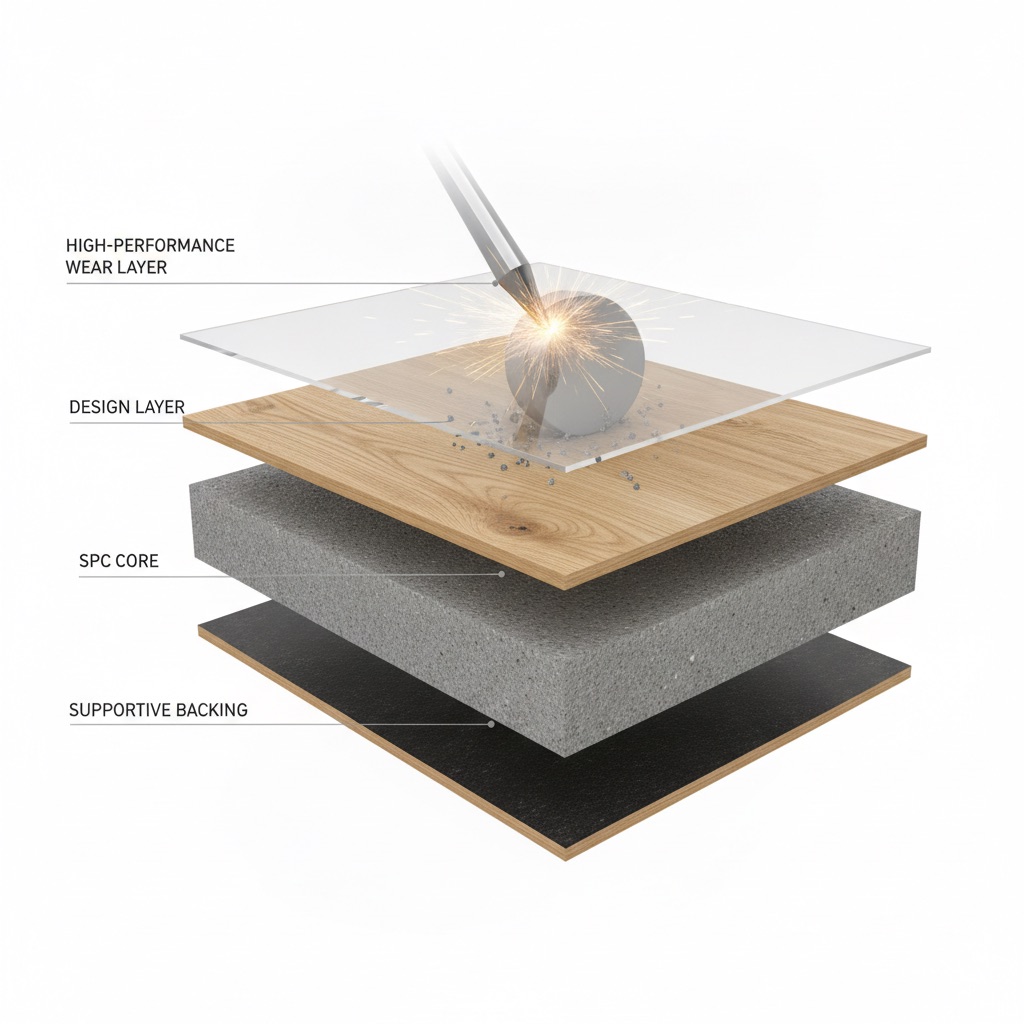 A detailed 3D cutaway view of a flooring plank, illustrating its distinct layers: the high-performance wear layer, design layer, SPC core, and supportive backing.