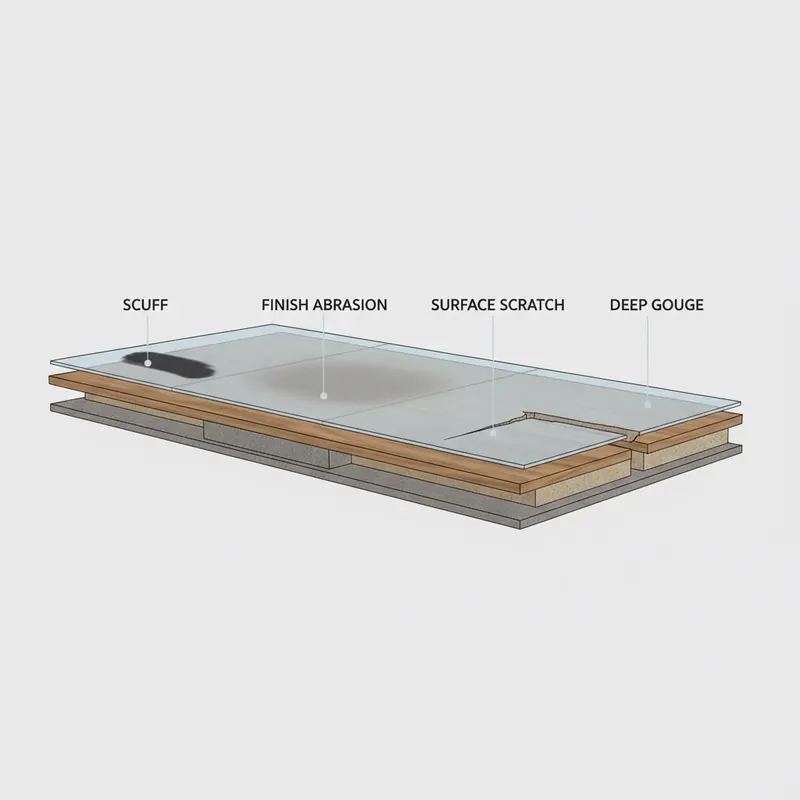 A detailed, 3D cross-section diagram of a modern flooring plank, like LVP or laminate, illustrating the different types of floor damage. Clearly label four distinct sections: 'Scuff' (a rubber mark on the top surface), 'Finish Abrasion' (a dulling of the top wear layer), 'Surface Scratch' (a cut into the wear layer), and 'Deep Gouge' (a deep cut exposing the core material). Use clean lines, modern typography, and a slightly technical, educational style. The overall look should be clean, informative, and professional.