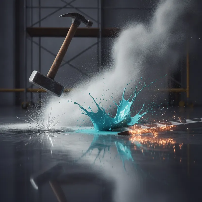 A conceptual, dynamic illustration showing a pristine, glossy floor under attack from common renovation threats. A falling hammer represents impact damage, swirling clouds of gritty drywall dust signify abrasion, a vibrant splash of paint is frozen mid-air, and the sharp legs of a ladder create glowing scratch lines. The style is a modern 3D render with a slightly dramatic, high-contrast look, clearly visualizing the 'enemies' of the floor.