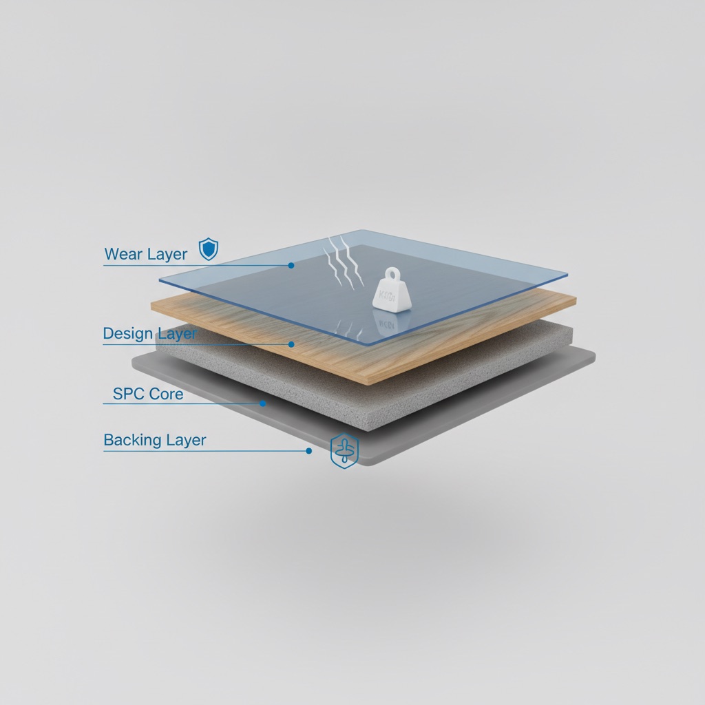 A clean, technical 3D render of a flooring plank's cross-section against a minimalist light grey background. The layers are clearly visible and labeled with simple icons: a transparent 'Wear Layer' at the top deflecting a scratch icon, a high-definition 'Design Layer' with a wood pattern, a dense 'SPC Core' resisting a weight icon, and a 'Backing Layer' for stability. The style is sleek and informative, using a blue, grey, and white color palette to convey technology and reliability.