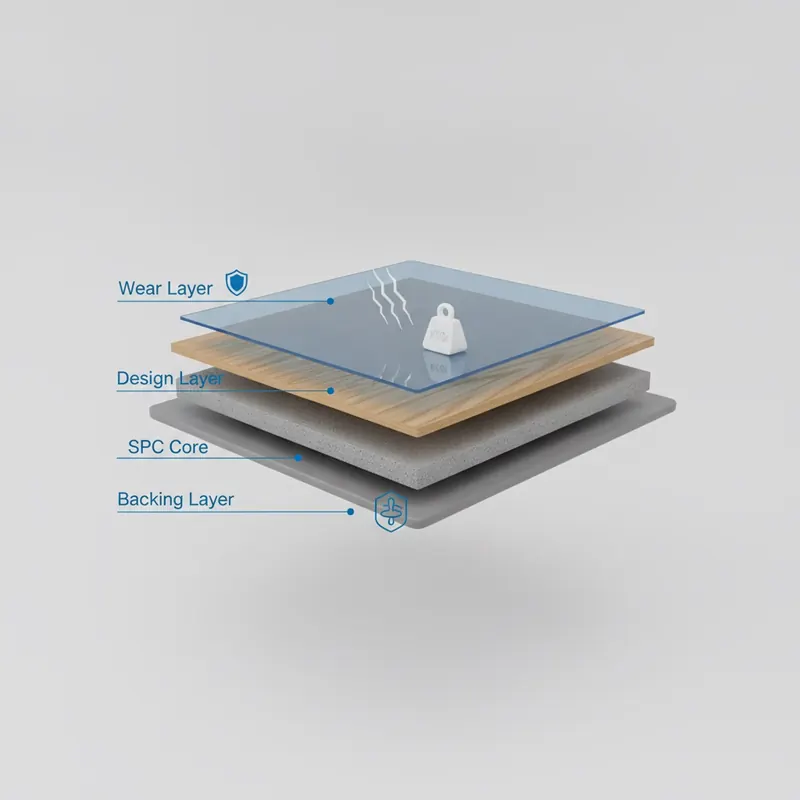 A clean, technical 3D render of a flooring plank's cross-section against a minimalist light grey background. The layers are clearly visible and labeled with simple icons: a transparent 'Wear Layer' at the top deflecting a scratch icon, a high-definition 'Design Layer' with a wood pattern, a dense 'SPC Core' resisting a weight icon, and a 'Backing Layer' for stability. The style is sleek and informative, using a blue, grey, and white color palette to convey technology and reliability.