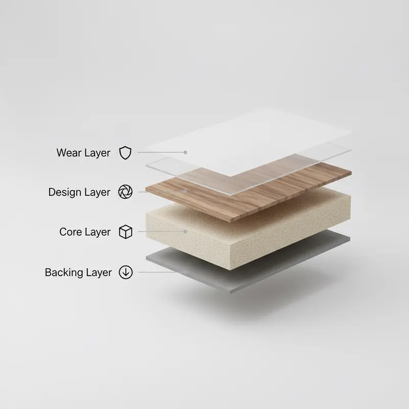 Infographic showing the cross-section of a durable flooring plank with labeled layers: Wear Layer, Design Layer, Core Layer, and Backing Layer.