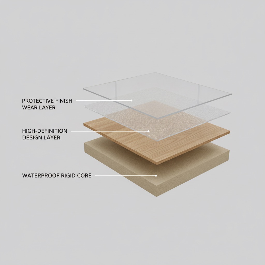 A 3D cutaway illustration of a durable flooring plank showing its layers: Protective Finish, Wear Layer, Design Layer, and a Waterproof Rigid Core.