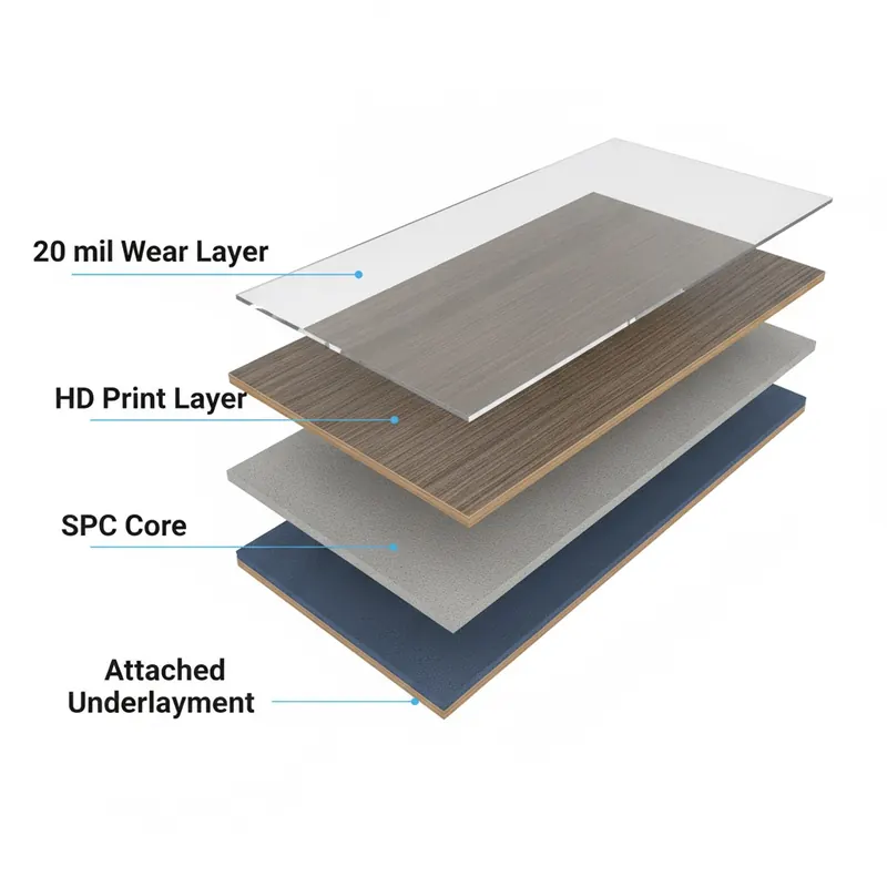 A 3D cross-section of a Luxury Vinyl Plank showing its layers: the 20 mil wear layer, print layer, SPC core, and underlayment.