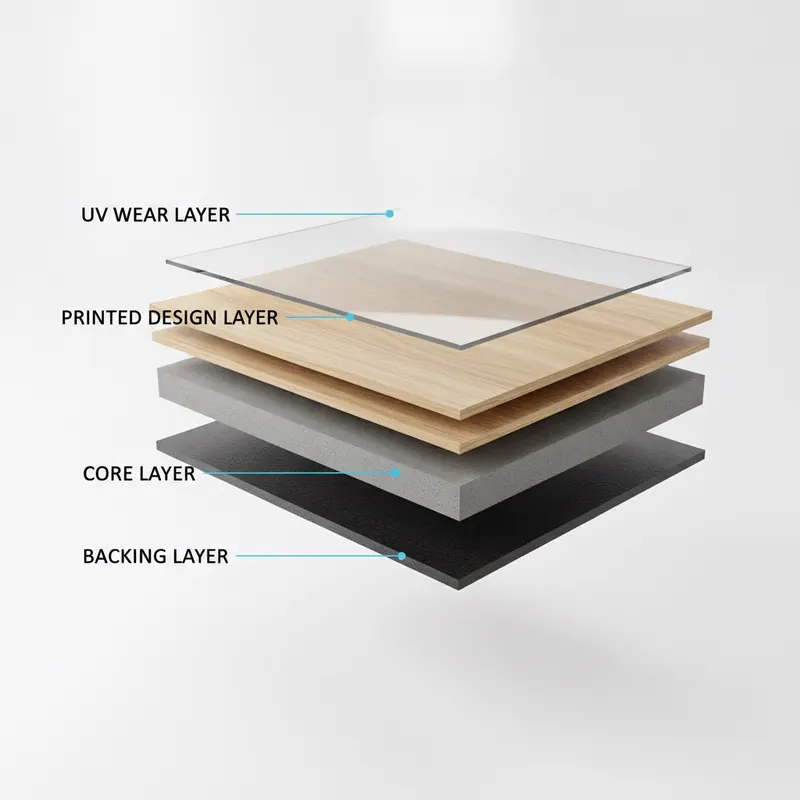 A 3D cross-section diagram of a Luxury Vinyl Plank, showing its labeled layers: UV Wear Layer, Printed Design Layer, Core Layer, and Backing Layer.