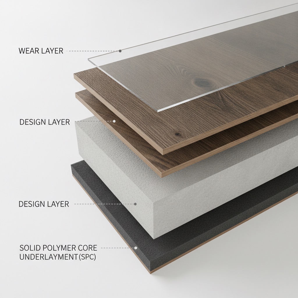 A detailed 3D cross-section diagram of a modern Luxury Vinyl Plank (LVP), showing its distinct layers. Clearly label the top transparent 'Wear Layer', the high-resolution 'Design Layer' with a realistic wood grain, the stable 'Solid Polymer Core (SPC)', and the bottom 'Underlayment'. The style should be clean, technical, and photorealistic, like a product diagram from a high-end flooring manufacturer, with a slightly angled perspective.