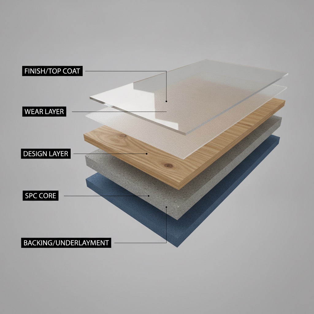 A detailed 3D cross-section of a luxury vinyl plank, angled to clearly show the distinct layers. Each layer is labeled with clean, modern typography: 'Finish/Top Coat', 'Wear Layer', 'Design Layer', 'SPC Core', and 'Backing/Underlayment'. The style is a clean, photorealistic 3D render with a minimalist background, emphasizing the technical construction and high-quality materials. Cinematic lighting highlights the texture and thickness of each layer.