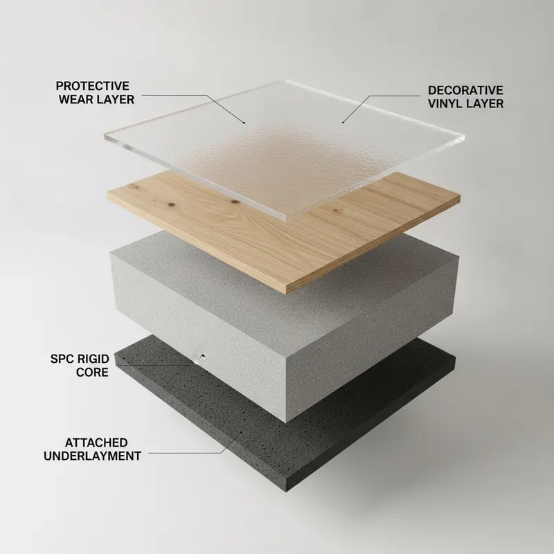 A 3D cross-section infographic showing the layers of an Adamantine SPC flooring plank: Protective Wear Layer, Decorative Vinyl Layer, SPC Rigid Core, and Attached Underlayment.