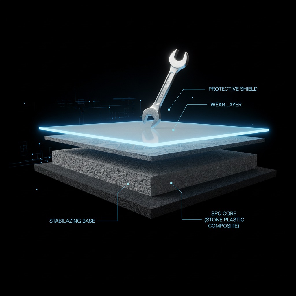 A 3D cross-section of a modern flooring plank showing its layers: a transparent protective shield, a dense SPC core, and a stabilizing base layer. This technical illustration highlights the floor's strength and advanced material science.