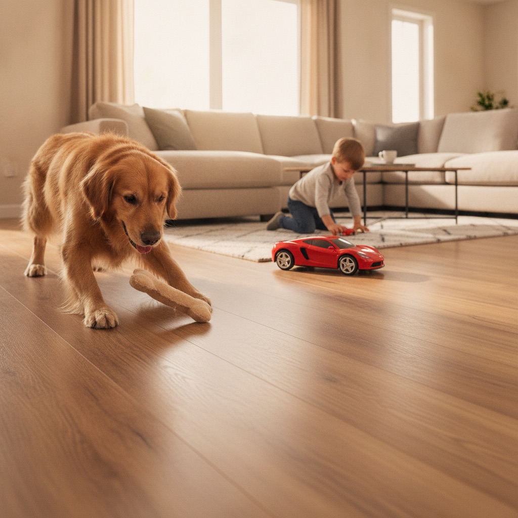 A low-angle, warm, and inviting shot of a beautiful, modern living room floor (Luxury Vinyl Plank with a wood look). In the foreground, a golden retriever is playfully dropping a toy, and in the background, a child is rolling a toy car on the floor. The floor is pristine and unmarked, subtly demonstrating its durability against scratches and impacts from pets and kids. The scene is filled with bright, natural light.