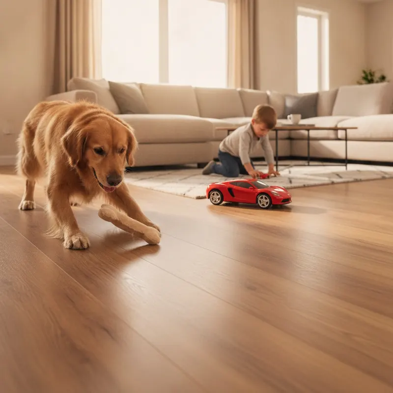A low-angle, warm, and inviting shot of a beautiful, modern living room floor (Luxury Vinyl Plank with a wood look). In the foreground, a golden retriever is playfully dropping a toy, and in the background, a child is rolling a toy car on the floor. The floor is pristine and unmarked, subtly demonstrating its durability against scratches and impacts from pets and kids. The scene is filled with bright, natural light.