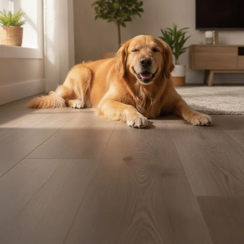 A happy golden retriever lies comfortably on a textured luxury vinyl plank floor, demonstrating a pet-friendly and scratch-resistant surface.