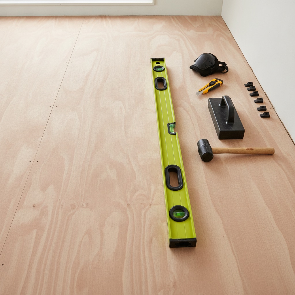 A photo of essential flooring installation tools like a level, tapping block, and spacers laid out on a clean, prepped subfloor, representing professionalism and preparation.
