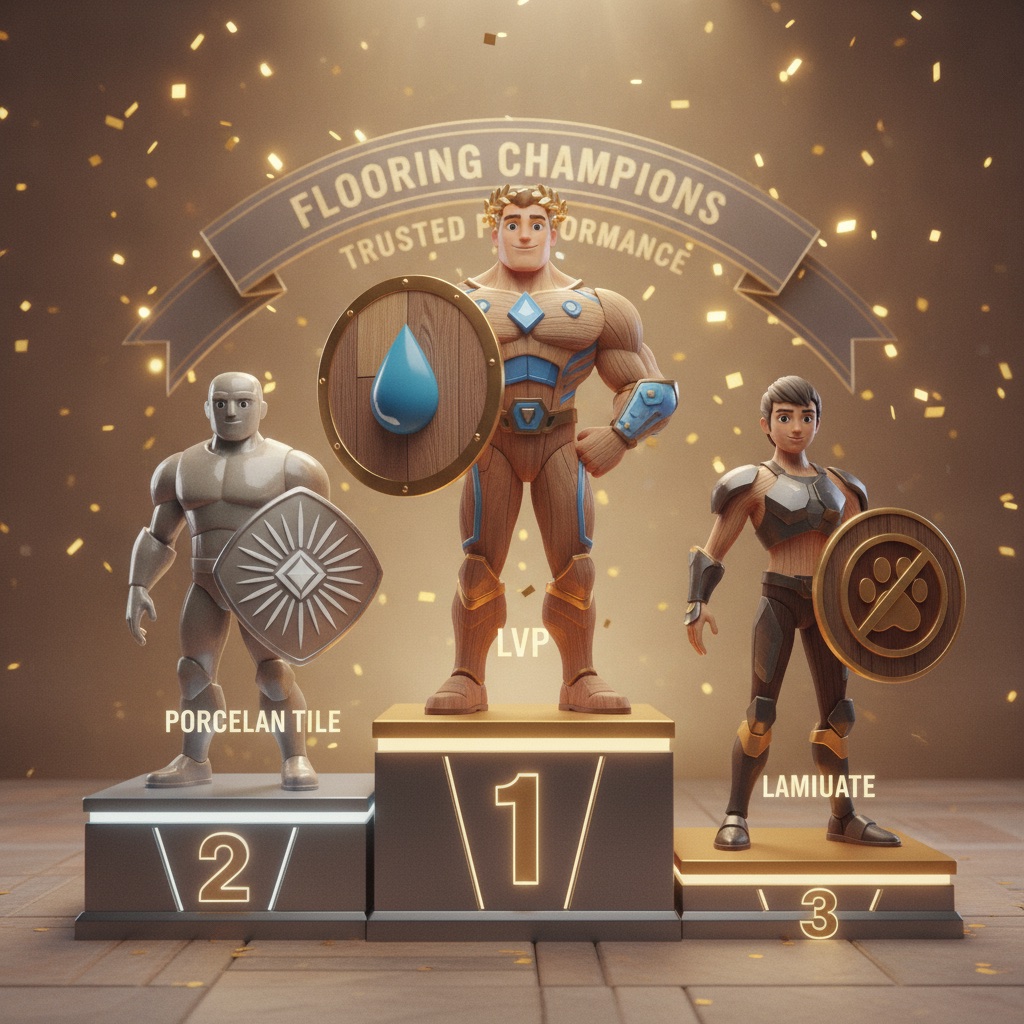 Illustration of flooring champions on a podium: LVP in first place for water resistance, Porcelain Tile in second for hardness, and Laminate in third for scratch resistance.