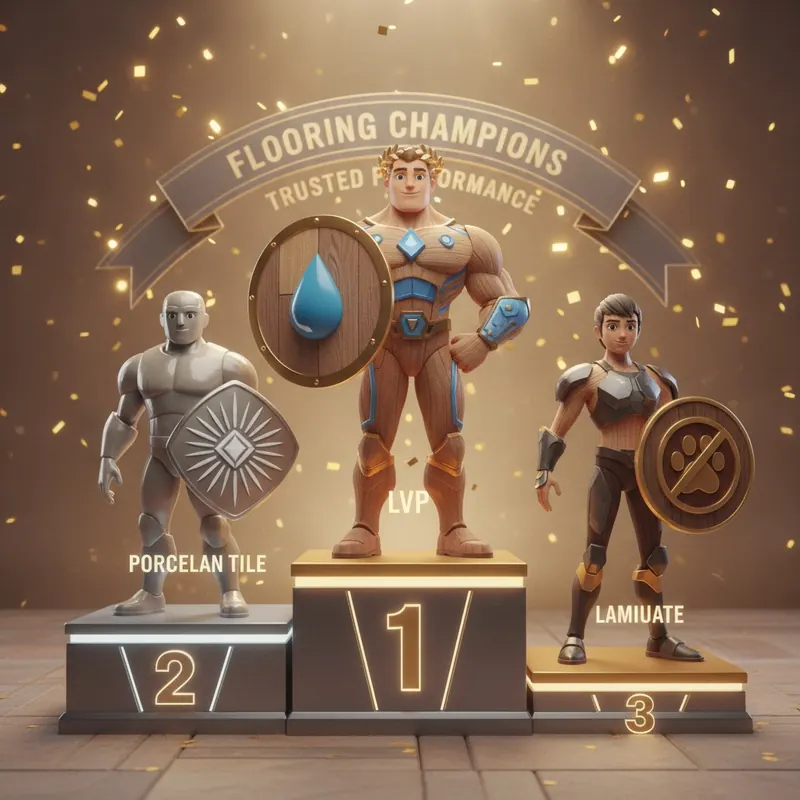Illustration of flooring champions on a podium: LVP in first place for water resistance, Porcelain Tile in second for hardness, and Laminate in third for scratch resistance.