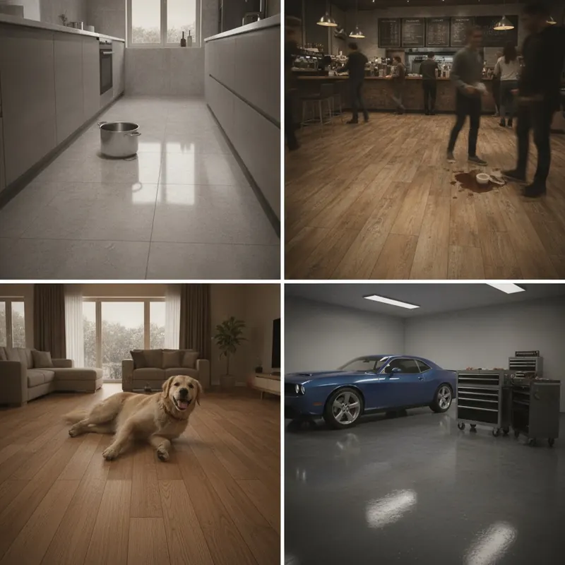A composite image showcasing four champions of durable flooring: porcelain tile in a kitchen, LVT in a cafe, laminate with a dog, and an epoxy garage floor.