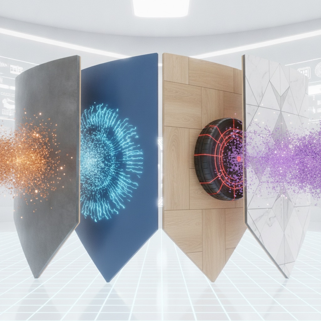Heroic illustration of four durable flooring types—polished concrete, epoxy, LVT, and porcelain tile—represented as shields deflecting damage.