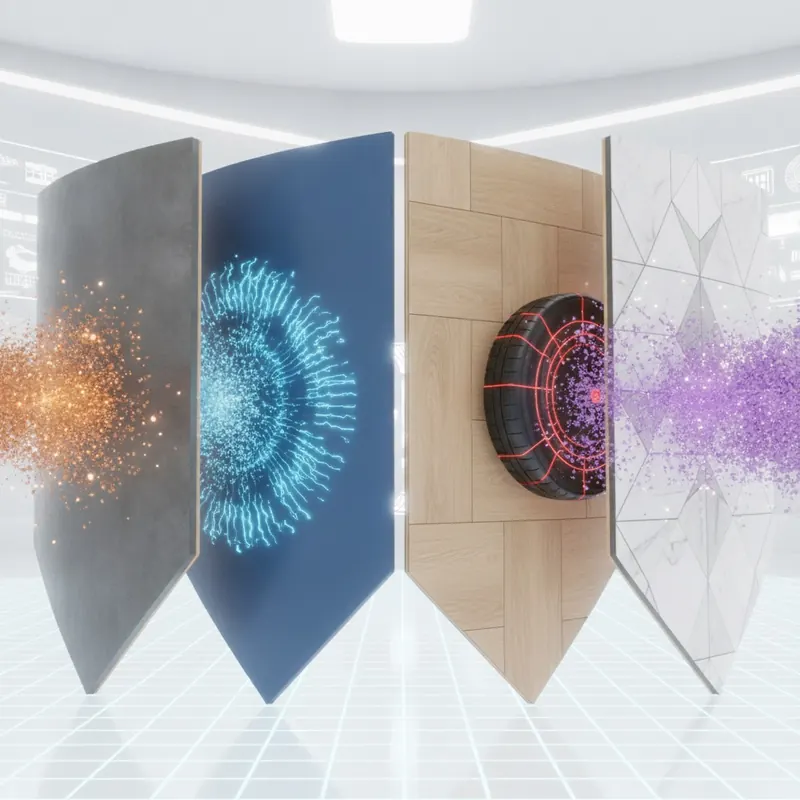 Heroic illustration of four durable flooring types—polished concrete, epoxy, LVT, and porcelain tile—represented as shields deflecting damage.