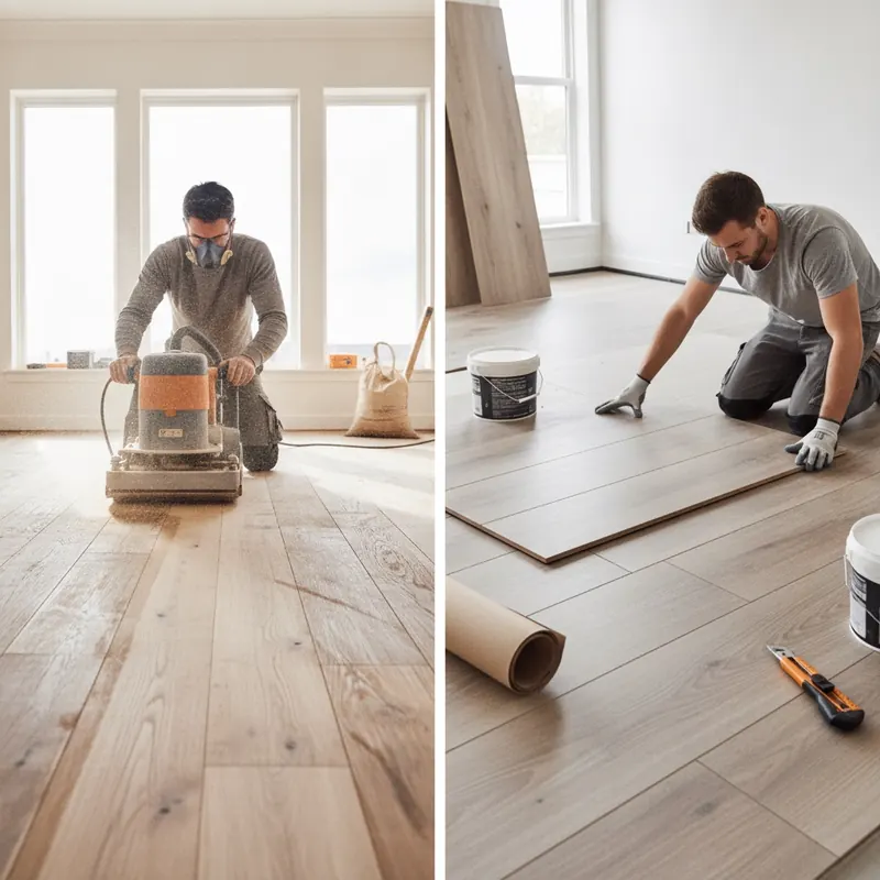A split-screen image comparing floor restoration options: the left side shows a hardwood floor being refinished, and the right side shows a new LVT floor being installed.