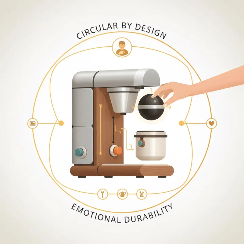 Illustration of a modular product with easily replaceable parts, emphasizing repairability and timeless design for emotional and physical longevity.
