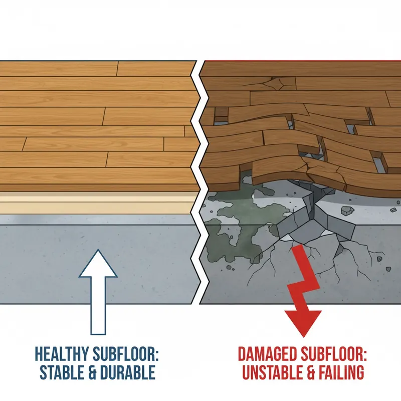 A clear, illustrative split image demonstrating subfloor conditions. The left side shows a perfectly prepared, clean, and level concrete subfloor, with a strong, smooth finished floor layer above it, symbolizing stability and longevity. The right side shows a severely compromised subfloor with visible cracks, moisture stains, and unevenness, leading to a visibly damaged, sagging, or cracked finished floor above, symbolizing structural degradation and premature failure.