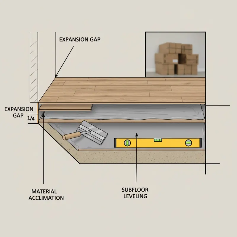 Detailed cross-section diagram illustrating critical subfloor preparation steps like leveling, expansion gaps, and material acclimation for durable floor installation.